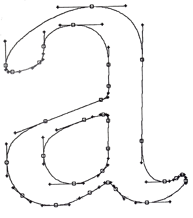 La descrizione vettoriale del disegno di una moderna font per computer. Si tratta dell’Adobe Garamond, una delle più diffuse varianti di un carattere cinquecentesco che mantiene inalterata la sua qualità formale e la sua versatilità. La composizione dei pannelli della mostra fu per l'appunto realizzata con questo carattere.