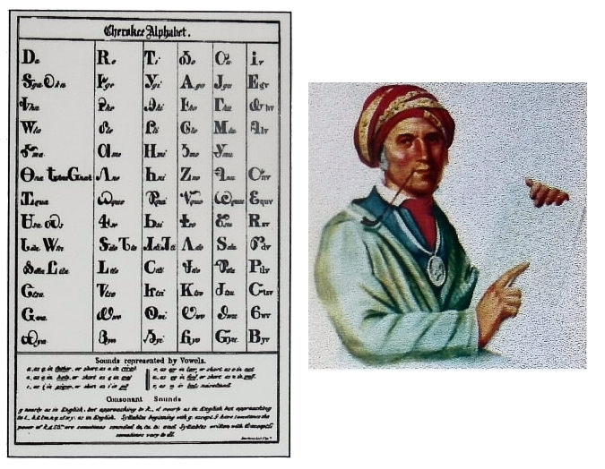 La scrittura sillabica cherokee e il suo inventore, Sequoya. utilìzzò in parte i caratteri delfalfabero latino, in parte ne disegnò di nuovi.