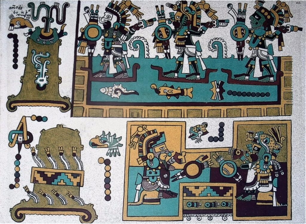 Particolare del Codex Zouche Nuttall, manoscritto mixteco del xv sec. 'Otto Cervo' (a destra) e 'Quattro Giaguaro' sono seduti in un campo da gioco con la palla cerimoniale. Ognuno sacriﬁca il suo scudo e le sue frecce e tiene un gioiello per offrirlo come dono. © British Museum, Department of Western Asiatic Antiquities, Codex Zouche Nuttall Il Folio 86 (Facs. pg. 80), London