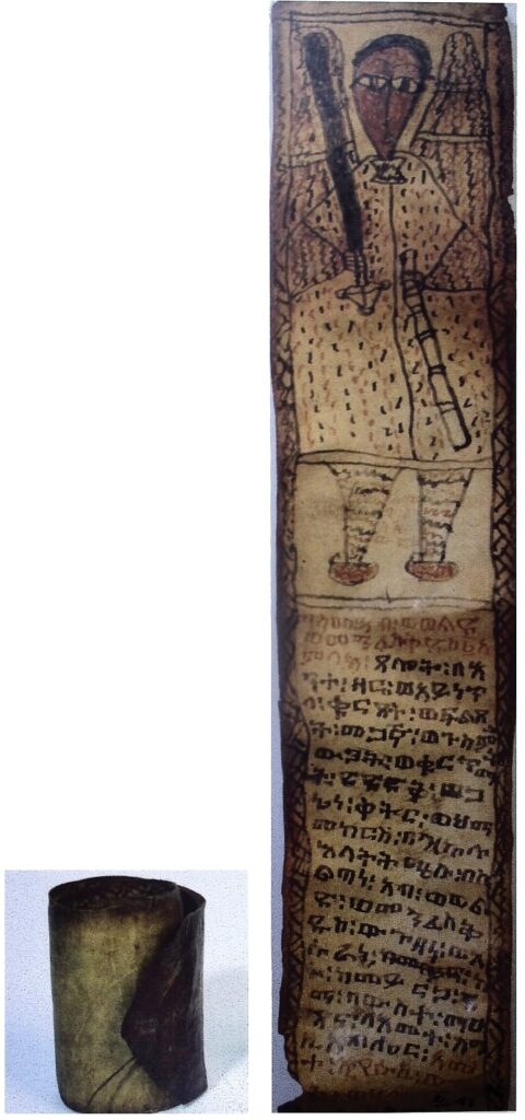 Rotolo etiope (chiuso e aperto) in scrittura ge'ez. Collez. privataa 