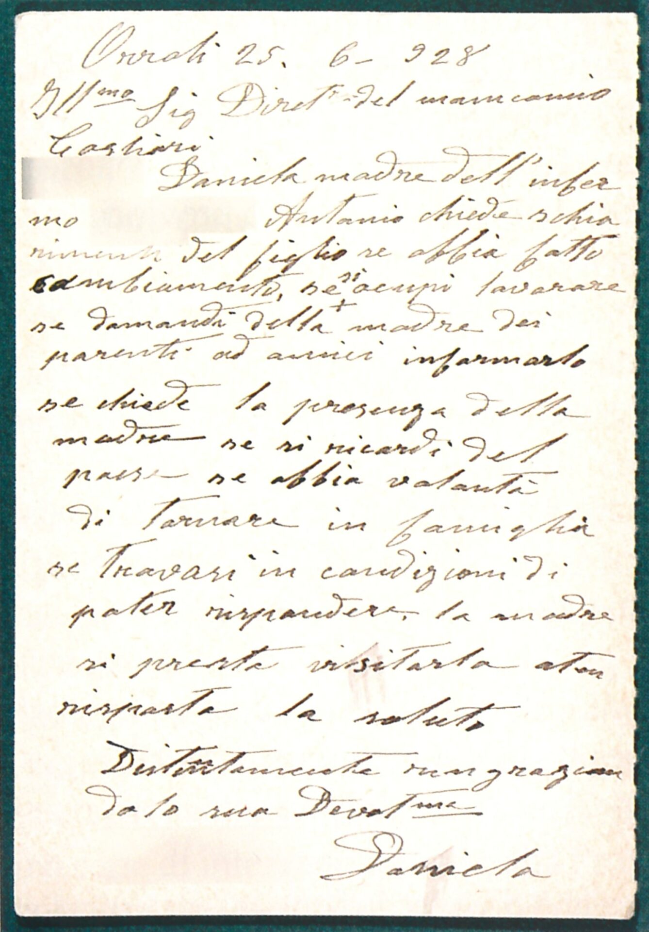 Fig. 2 Archivio Cartelle cliniche di Villa Clara, Cartolina postale della sigma Daniela ai Orroli 25 giugno 1928.