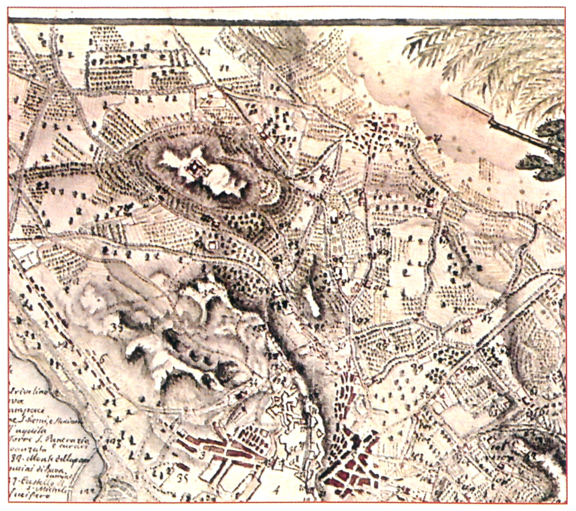 Fig. 2 - Luigi Piloni, Carte geografiche della Sardegna, Editrice sarda Fossataro Cagliari 1974, tavola n.147 (sec. XVIII) Particolare, che evidenzia la vigna Otger, il cui proprietario non è individuato nella legenda della cartina, con i suoi confinanti: Antioco Caredda, i Padri claustrali di San Francesco, il giudice Cugia e la vigna dei Gesuiti.