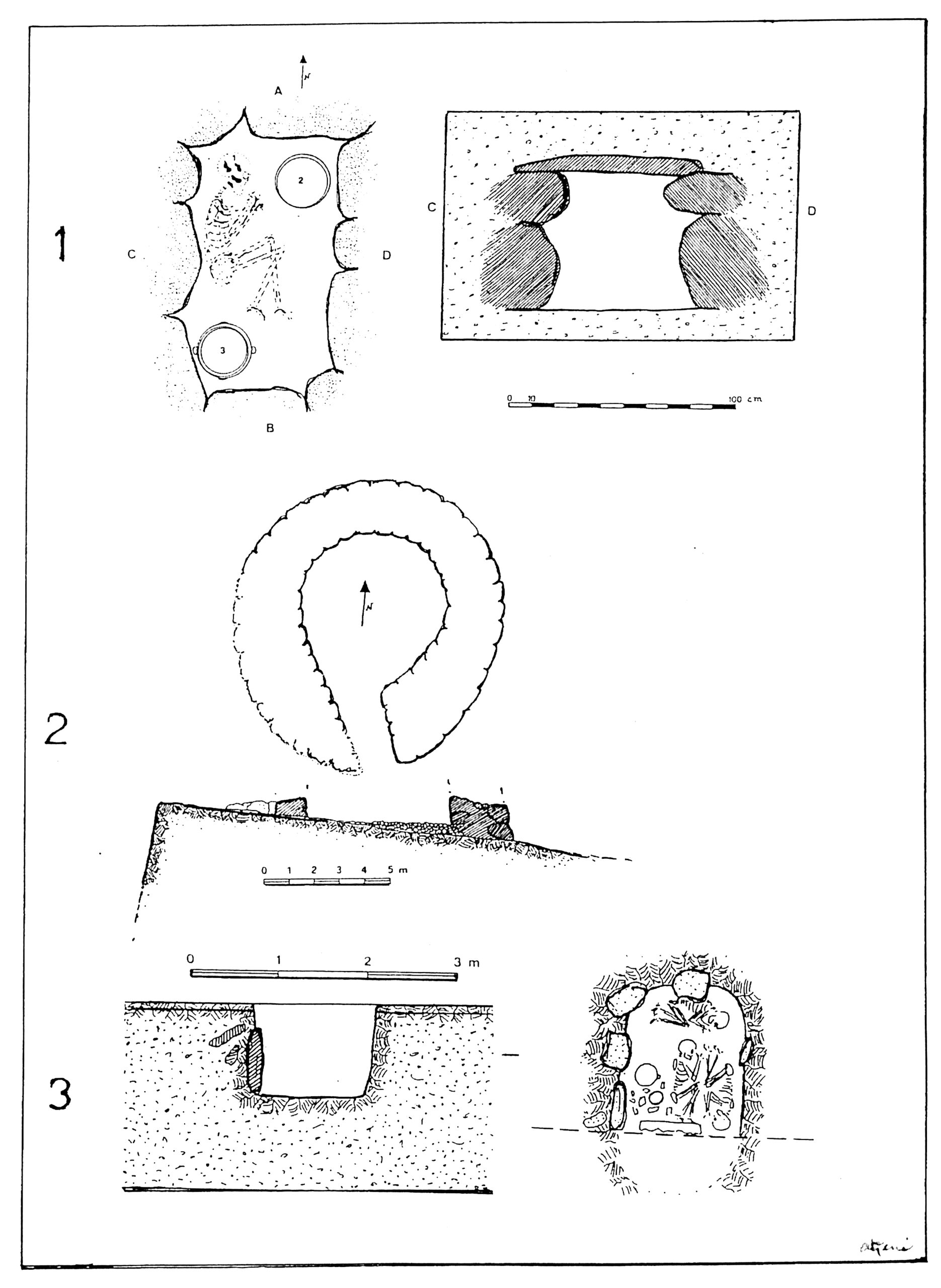 Tav. 7 Monumenti funerari e abitativi di cultura Monte Claro nel Cagliaritano: 1 - Sarroch, planimetria e sezione della Tomba a cista litica infossata di Sa Crux'e Marmuri (dis. Pintor- Atzeni); 2 - Villagreca: planimetria e sezione del "Nuraghe", o "Torre -Capanna", di Sa Corona; 3 - Sestu: sezione e pianta della cista litica Monte Claro nell 'area del villaggio preistorico di San Gemiliano.