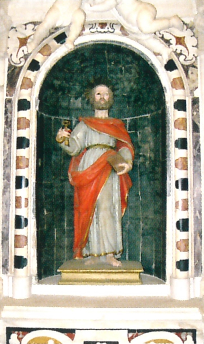 Fig. 15 – PIRRI, Chiesa di S.Pietro, S.Pietro apostolo, scultura lignea con policromia, G.A.Lonis, seconda metà sec. del XVIII.