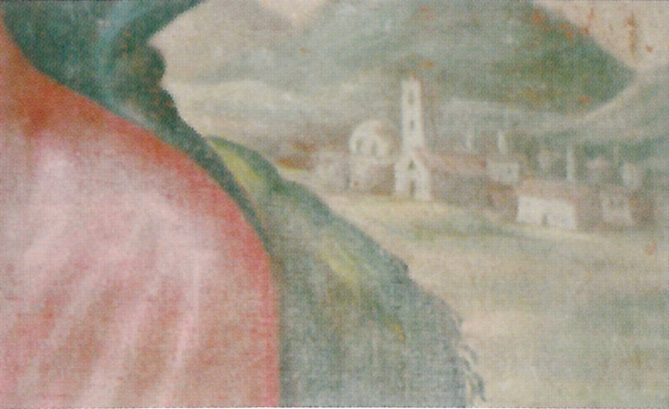 Fig. 8 -PIRRI, Chiesa di S.Pietro, Addolorata, particolare con la raffigurazione di Pirri.